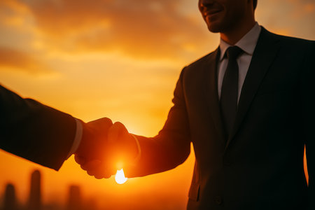 A silhouette of two businessmen shaking hands against a vibrant sunset backdropの素材