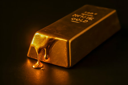 A close-up shot of a gold bar with molten gold oozing from the edgeの素材
