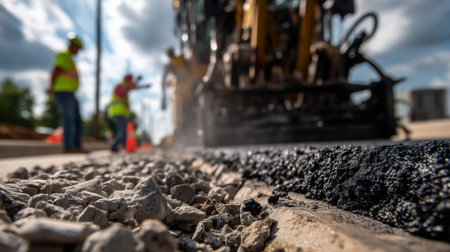 Workers operating machinery while laying fresh asphalt on a road construction siteの素材