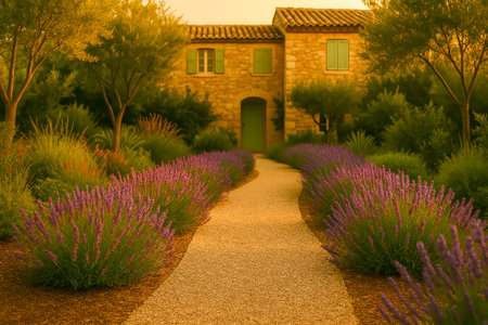 A tranquil path bordered by lavender flowers, leading to a beautiful stone houseの素材