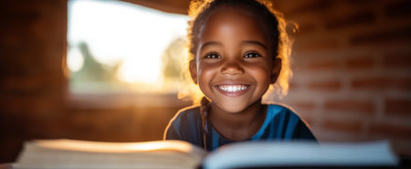 A young girl with a joyful expression smiles while reading a book in warm lightの素材