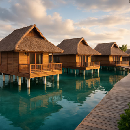 A scenic view of wooden overwater bungalows reflecting in turquoise waters during sunsetの素材