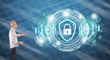Businessman showing a data security concept on a wall screen