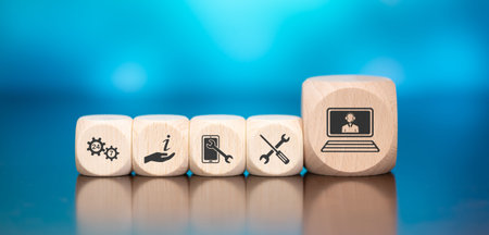 Wooden blocks with symbol of online support concept on blue backgroundの写真素材