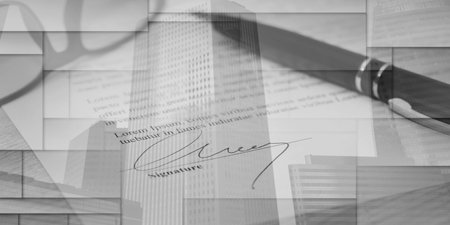 Closeup of signed legal document, double exposure, geometric patternの写真素材