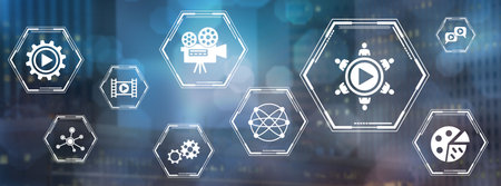 Concept of video marketing with icons on blurred dark background