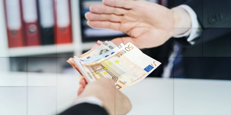 Businessman refusing to take snatch, geometric patternの写真素材