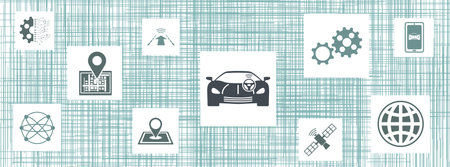 Concept of driverless car with icons on squaresの写真素材