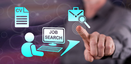 Man touching a job search concept on a touch screen with his fingerの写真素材