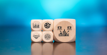 Wooden blocks with symbol of bpo concept on blue backgroundの写真素材