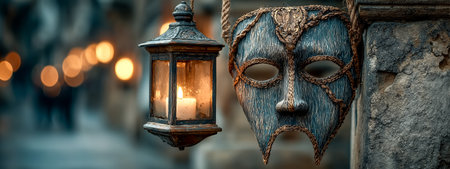 A vintage mask and an old lantern illuminated in a quaint street settingの素材