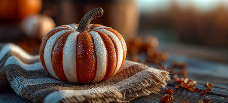 A striped pumpkin with droplets sits on a rustic wooden table with fabricの素材
