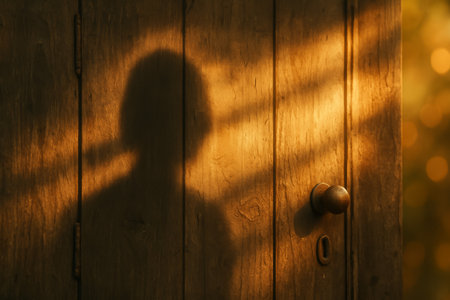 A warm silhouette shadow is cast on a wooden door, creating a mysterious ambianceの素材