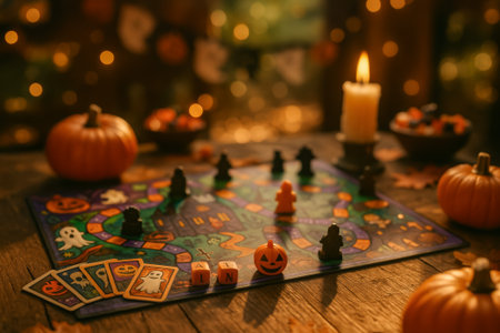 A cozy halloween board game setup featuring pumpkins, spooky figures, and twinkling lightsの素材