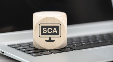 Wooden block with symbol of sca concept on laptop keyboard