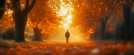 A silhouette of a person walking along an autumn path surrounded by vibrant orange foliageの素材