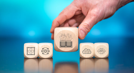 Wooden blocks with symbol of digital disruption concept on blue backgroundの写真素材