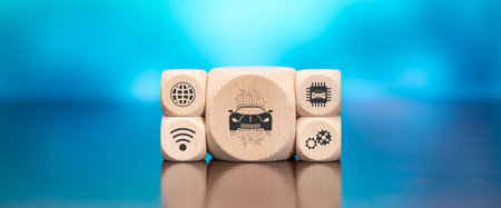Wooden blocks with symbol of smart car concept on blue backgroundの写真素材