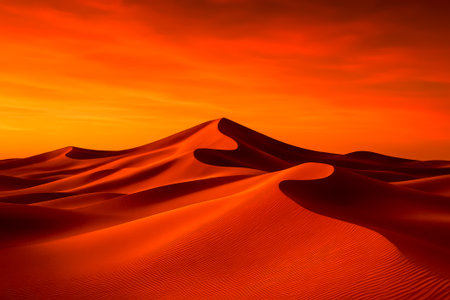 A breathtaking desert scene featuring dunes bathed in vibrant orange light during sunsetの素材