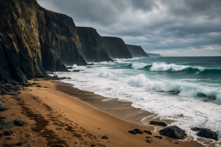 Dramatic cliffs overlook a sandy beach and waves crashing in a moody atmosphereの素材