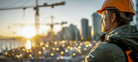 A construction worker in an orange hard hat gazes at the skyline at sunsetの素材