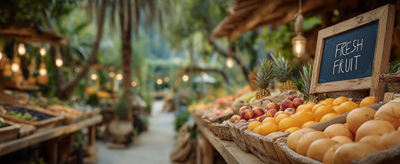 A vibrant market stall displaying fresh fruit, including oranges and peaches, in basketsの素材