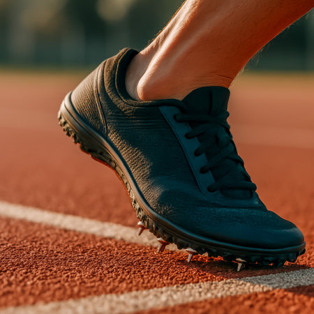 A close-up of a black athletic shoe stepping on a red running trackの素材