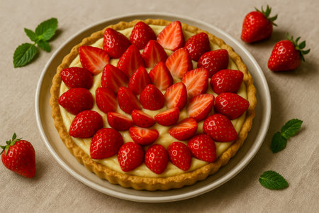 A beautifully arranged strawberry tart garnished with fresh strawberries on a serving plateの素材