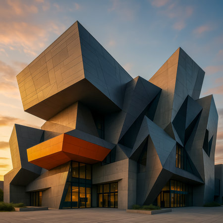 A striking modern building with bold geometric shapes, featuring an orange accent at sunsetの素材