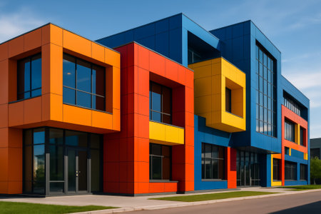 A striking modern building featuring bold colors and unique geometric shapes in its designの素材