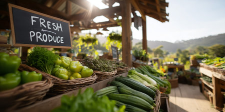 A beautiful market stall showing fresh vegetables and produce in a sunny outdoor environmentの素材