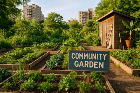 A community garden featuring lush vegetable beds and a sign amidst greenery and buildingsの素材
