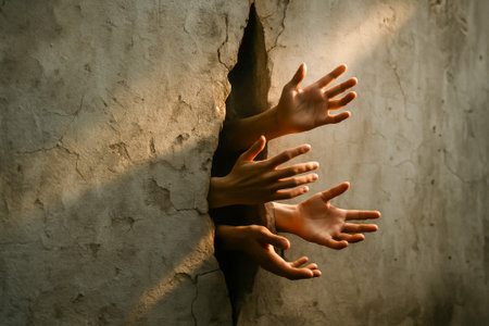Several hands reaching out through a cracked wall illuminated by soft sunlightの素材