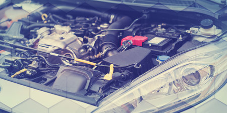 View of clean engine compartment, geometric pattern