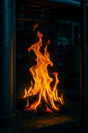 Bright flames elegantly dance over burning logs in a shadowy environmentの素材