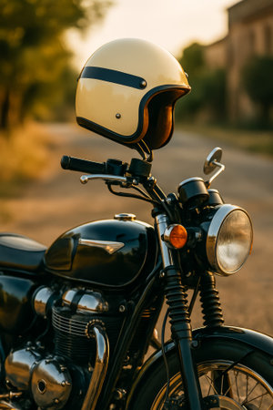 A classic motorcycle featuring a vintage helmet, parked on a dirt road at sunsetの素材