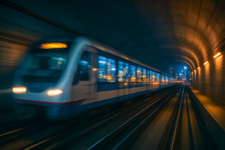 A train moves swiftly through a tunnel, showcasing dynamic lighting and urban sceneryの素材