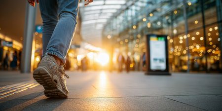 A person walks through a spacious area with a beautiful sunset in the backgroundの素材