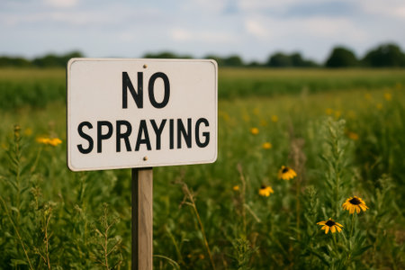 A clear sign stating no spraying amidst a lush green field with wildflowersの素材