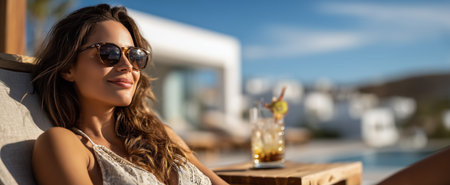 A young woman with sunglasses relaxes beside a pool while sipping a refreshing cocktailの素材