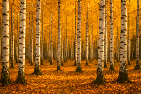 A picturesque view of vibrant birch trees with golden leaves in a tranquil forest settingの素材