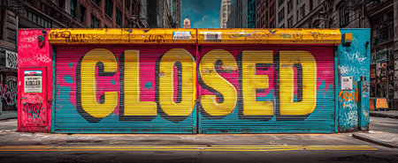 A colorful closed sign on graffiti-covered shop shutters in an urban settingの素材
