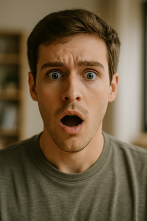 A young man looks shocked with a surprised expression in his home environmentの素材