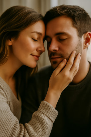 A couple enjoying a close embrace, sharing affection in a cozy, intimate settingの素材