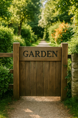 A wooden garden gate with the word garden leading to a scenic, overgrown pathwayの素材