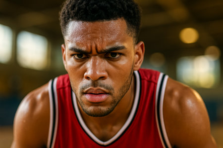 A young man showing intensity and focus while practicing basketball indoorsの素材