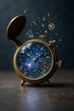 A vintage pocket watch reveals a galaxy inside, with pieces of shattered glass floating aroundの素材