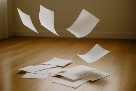 Several sheets of paper floating above a mess of scattered documents on a wooden floorの素材