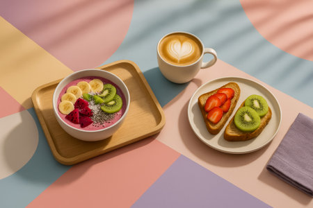 A vibrant breakfast featuring a smoothie bowl, fruit toast, and a latte on decorative backgroundの素材