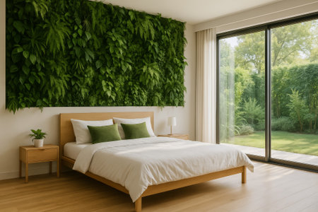 A bright, modern bedroom featuring a green wall and garden view through large windowsの素材